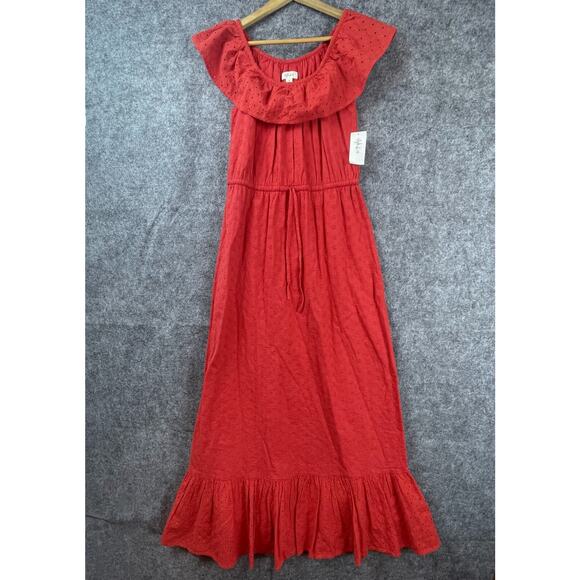 Style & Co On/Off Dress Medium Loving Red Eyelet Ruffle Tiered Cottage Boho - Picture 1 of 7